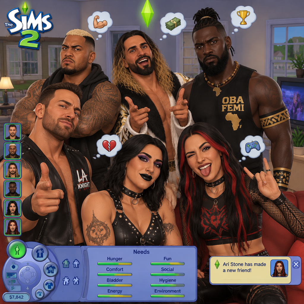 LA Knight,Solo Sikoa,Seth Rollins,Oba Femi,Rhea Ripley and Ari Stone (My wrestler oc) in The sims 2