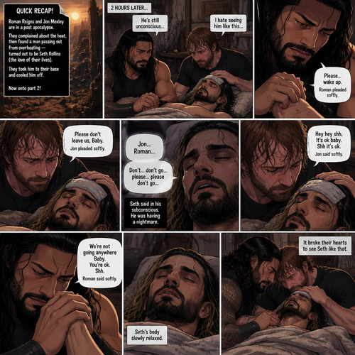 (Quick recap!) Roman reigns and Jon Moxley are in a post apocalypse,They complained about the heat,They see a man passing out because he got over heated,Turned out to be Seth Rollins (The love of their lives btw),They take him to their base and cool them off. (Now onto part 2!).2 hours have passed,Seth was still unconscious,Roman and Jon never left his side.Roman Gently held Seth’s hand. “Please…wake up” Roman pleaded softly.Jon gently stroked Seth’s head.”Please don’t leave us,Baby” Jon pleaded softly.Then….They heard Seth subconsciously speaking their names “Jon…Roman”. “Don’t…don’t go…please…please don’t go” Seth Said in his subconscious.He was having a nightmare. “Hey hey shh,It’s ok baby,Shh it’s ok” Jon said softly. “We’re not going anywhere Baby,You’re ok,Shh” Roman said softly. Seth’s body slowly relaxed.It broke their hearts to see Seth like that