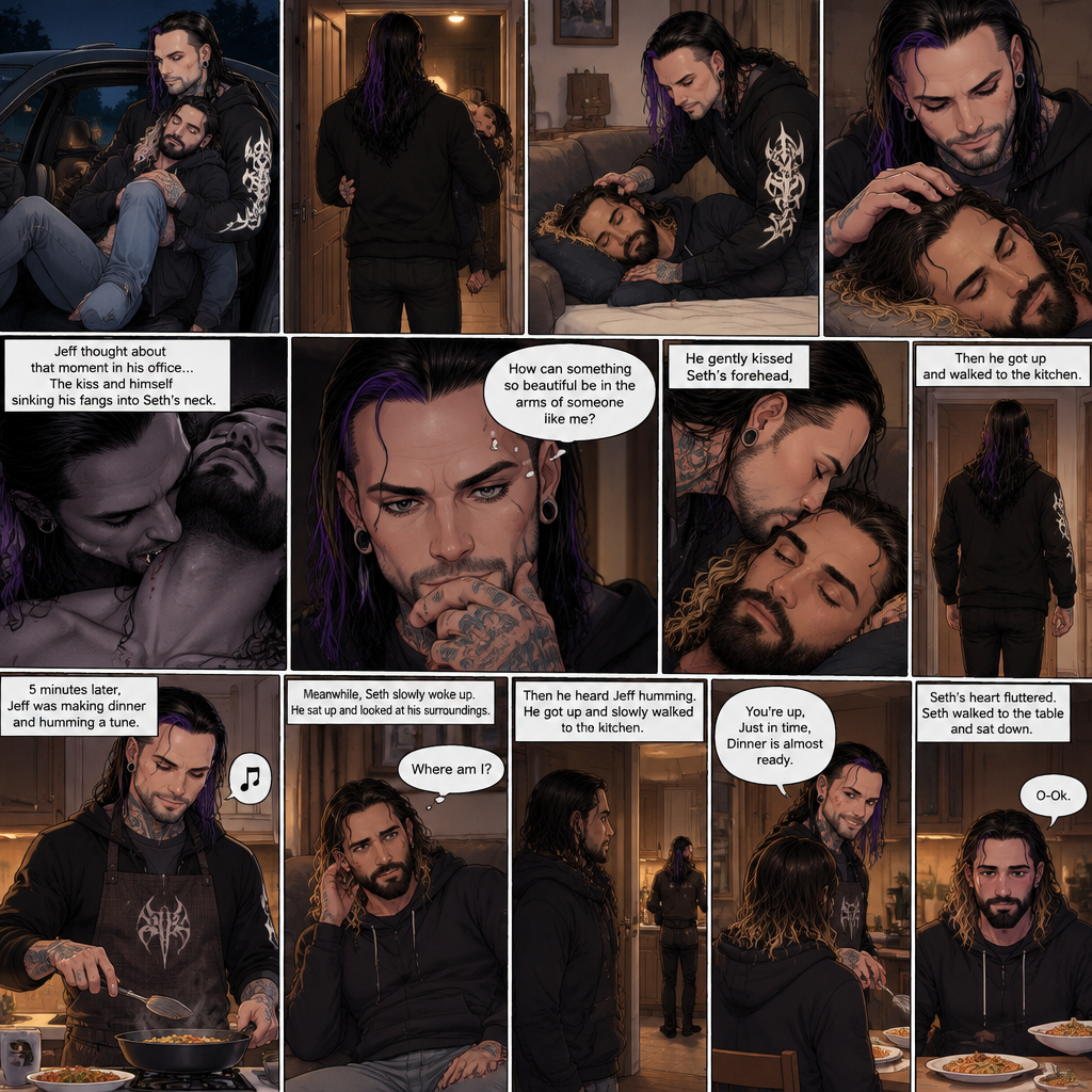 (Part 5 of the Vampire x human story) Jeff Hardy arrives at his house. He walks to the passenger side and gently lifts the sleeping Seth Rollins in his arms. He walks inside,Then he gently put Seth on his couch. He gently stroked Seth’s hair. Then he thought about that moment in Jeff’s office,The kiss and himself sinking his fangs into Seth’s neck. “How can something so beautiful be in the arms of someone like me?” Jeff asked himself. He gently kissed Seth’s forehead,Then he got up and walked to the kitchen. 5 minutes later,Jeff was making dinner and humming a tune. Meanwhile,Seth slowly woke up,He sat up and looked at his surroundings. “Where am I?” Seth asked himself,Then he heard Jeff humming. He got up and slowly walked to the kitchen. He sees Jeff humming and cooking. Seth’s heart fluttered. Then Jeff noticed Seth. “You’re up,Just in time,Dinner is almost ready” Said Jeff. “O-Ok” Seth said nervously. Seth walked to the table and sat down