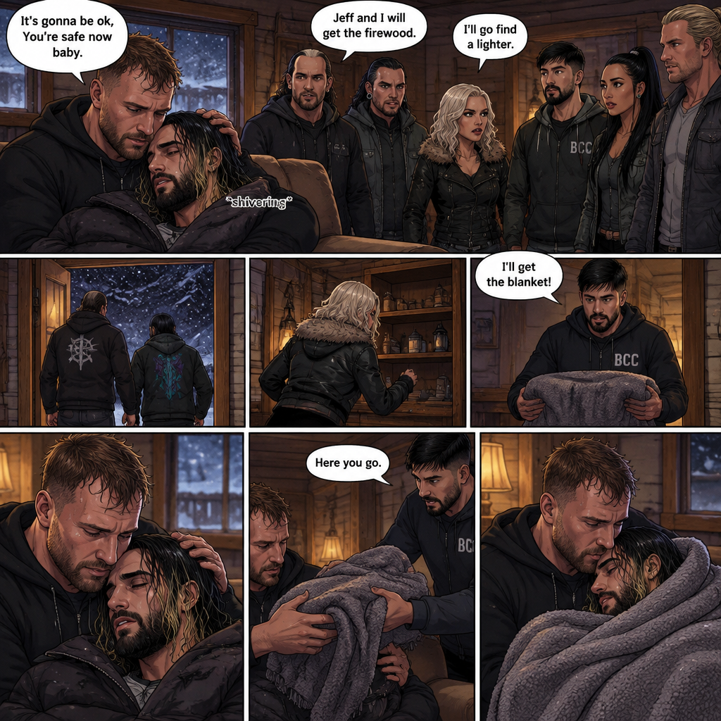 (The monster apocalypse/Moxollins story part 2) Jon Moxley made it out of the blizzard and into a cabin With the Cold and barely conscious Seth Rollins in his arms. His group of survivors (Matt and Jeff Hardy,Toni Storm,Wheeler Yuta,Indi Hartwell and Nic Nemeth) were there too. Jon Sat down on the couch and held Seth. “I’ll get the blanket!” Said wheeler,Then he ran to find a blanket. “Jeff and I will get the firewood” Said Matt,Then Matt and Jeff ran to find firewood. “I’ll go find a lighter” Said Toni,Then she ran to find a lighter. Seth was shivering due to the cold. “It’s gonna be ok,You’re safe now baby” Jon said softly. Wheeler came back with the blanket and gave it to Jon. He gently wrapped it around Seth to keep him warm