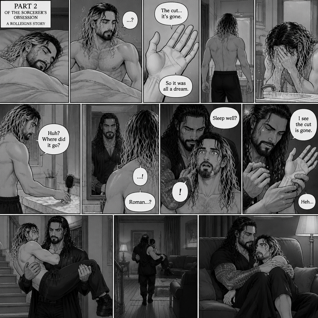 (Part 2 of the Sorcerer’s obsession,A Rolleigns story).Seth Rollins was asleep on his bed,then he woke up. He sat up confused. He looked at his hand…the cut was gone. “So it was all a dream” Seth said to himself. He got up and walked to the bathroom,then he splashed cold water on his face. He reached for his hairbrush….it wasn’t there. “Huh? Where did it go?” Seth asked himself. He looks at the mirror….and sees Roman Reigns (The sorcerer) Seth gasped. The sorcerer grabs Seth from behind. “Sleep well?” Asked the sorcerer. Seth was too stunned to speak. The sorcerer lifted Seth’s hand to have a look at it. “I see the cut is gone” Said the sorcerer. Seth’s heart was pounding. The sorcerer chuckled a little. He lifted Seth in his arms and walked downstairs to the living room. Then he sat down on the couch and put Seth on his lap. (End of part 2)