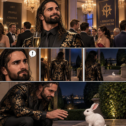 Seth Rollins was at a fancy party,Then he sees a white rabbit outside