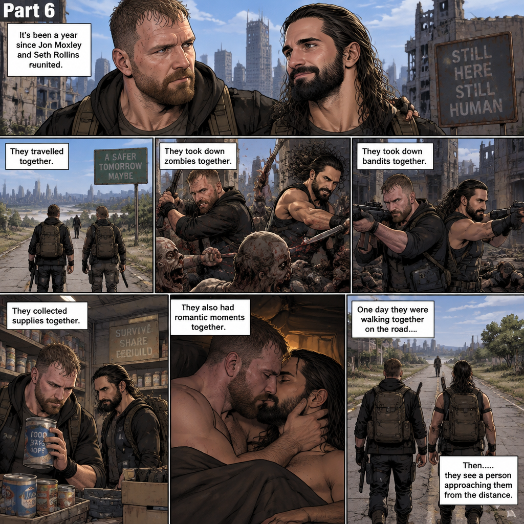 (Part 6). Still in the zombie apocalypse. “it’s been a year since Jon Moxley and Seth Rollins reunited. They travelled together,They took down zombies together,They took down bandits together,They collected supplies together,They also had romantic moments together. One day they were walking together on the road…Then…..they see a person approaching them from the distance