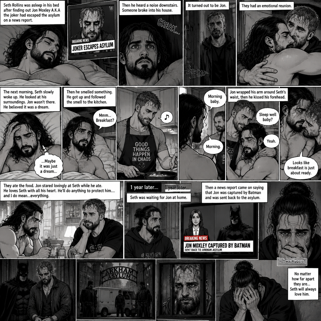 (Recap). Seth Rollins was asleep in his bed after finding out Jon Moxley A.K.A the joker had escaped the asylum on a news report,Then he heard a noise downstairs,Someone broke into his house,It turned out to be Jon,They had an emotional reunion,The next morning,Seth slowly woke up on his bed,He looked at his surroundings,Jon wasn’t there,He believed it was a dream,He sighed,then he smelled something,He got up and followed the smell to the kitchen,Then he sees Jon making breakfast while humming a tune,Seth smiled,It wasn’t a dream after all,Jon eventually noticed Seth,He smiled softly,“Morning baby” Said Jon,”Morning” Said Seth,Jon motioned for Seth to come closer,Seth came closer to Jon.Jon wrapped his arm around Seth’s waist,then he kissed Seth’s forehead,Seth hummed softly,”Sleep well baby?” Jon asked softly,”Yeah” Seth said softly,Jon kissed Seth’s neck,Seth’s heart fluttered,Jon gently placed his hand on Seth’s chest to feel his heartbeat,Seth blushed,Jon chuckled softly,Jon looked at the food,”Looks like breakfast is just about ready” Said Jon,Seth sat at the table and Jon put the breakfast on the table,They ate the food,Jon stared lovingly at Seth while he ate,He loves Seth with all his heart,He’ll do anything to protect him….and I do mean…everything. (And now part 4). 1 year later,Seth was waiting for Jon at home. Then a news report came on saying that Jon was captured by Batman and was sent back to the asylum. Seth was devastated