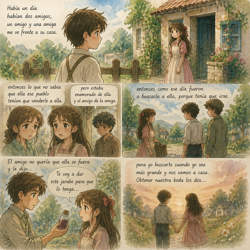 Había un día habían dos amigas, un amigo y una amiga me ve frente a su casa, entonces lo que no sabía que ella ese pueblo tenían que venderle a ella pero estaba enamorado de ella y el amigo de la amiga entonces como ese día fueron a buscarla a ella, porque tenía que irse. El amigo no quería que ella se fuera y le dijo te voy a dar este jarabe para que lo tenga para yo buscarte cuando yo sea más grande y nos vamos a casa. Obtener nuestra boda los dos