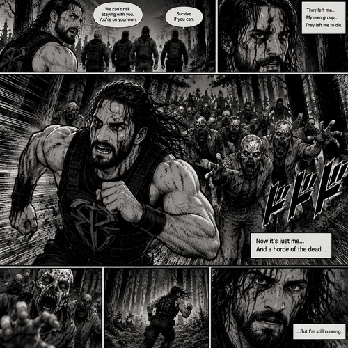 We’re in the woods during a zombie apocalypse,Someone was running…and that someone…was Seth Rollins. He was running from a horde of zombies after being abandoned and left to die by his own group