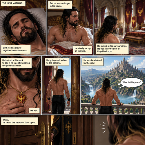 Part 2 of the phoenix story.The next morning,Seth Rollins slowly regained consciousness….But he was no longer in his house,He slowly sat up on the bed.He looked at his surroundings,He was in some sort of Royal bedroom.He looked at his neck to see if he was still wearing the phoenix amulet,He was.He got up and walked to the balcony,He was bewildered by the view. “What is this place?” Seth asked himself.Then…he heard the bedroom door open