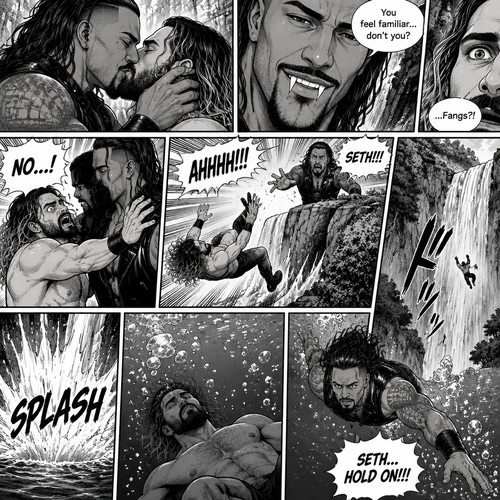 Part 5. Still at the cliff near the forest clearing with the waterfall view. The mysterious man (WWE superstar Damien priest) was kissing Seth Rollins. Seth felt like there was something familiar about the kiss. The man then smiled at him. Seth….then noticed….fangs in the man’s teeth…and realized…he’s a day walker vampire. He got scared and shoved the man off him…which caused Seth to stumble and fall off the cliff backwards,He hit the water and lost consciousness. The man was horrified and dived into the water to save Seth
