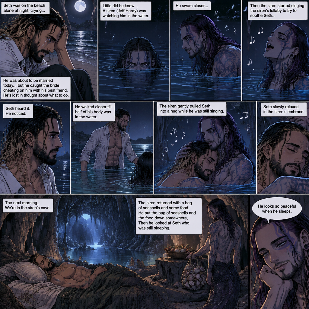 (Recap)Seth Rollins was on a beach alone at night crying because He was about to be married today….but he caught the bride cheating on him with his best friend,He’s lost in thought about what to do,Little did he know…..A siren (Jeff Hardy) was watching him in the water,he swam closer,Then the siren started singing the siren’s lullaby to try to Soothe Seth,Seth heard it,He noticed. He walked closer till half of his body was in the water,The siren gently pulled Seth into a hug while he was still singing,Seth slowly relaxed in the siren’s embrace. (And now part 2) The next morning,we’re in the siren’s cave,Seth was asleep in some sort of makeshift bed. The siren returned with a bag of seashells and some food. He put the bag of seashells and the food down somewhere,Then he looked at Seth who was still sleeping. “He looks so peaceful when he sleeps” Said the siren