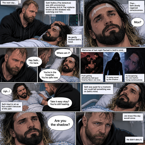 (Part 2 of the Vigilante x detective story). The next day,Seth Rollins (The detective) was still unconscious. Jon Moxley (A.K.A The vigilante known as the shadow) was watching over him. He gently stroked Seth’s head. Then…Seth slowly regained consciousness. He spoke weakly “Mox?”. “Hey Seth…I’m here” Jon said Softly. Seth was silent for a bit before he spoke weakly “Where am I?”. “You’re in the hospital,You’re safe now” Jon said softly. Memories of last night flashed in Seth’s mind,From getting attacked by Bad guys hired By Baron von virus to being saved by the shadow to recognizing his voice before losing consciousness. Seth tried to sit up but couldn’t because of the pain. “Take it easy okay?,You’re still healing” Jon said softly. Seth was quiet for a moment. Jon could tell something was on Seth’s mind. Then…Seth asked Jon the one question that he thought in his mind “Are you the shadow?”. Jon knew this day would come. He didn’t deny it