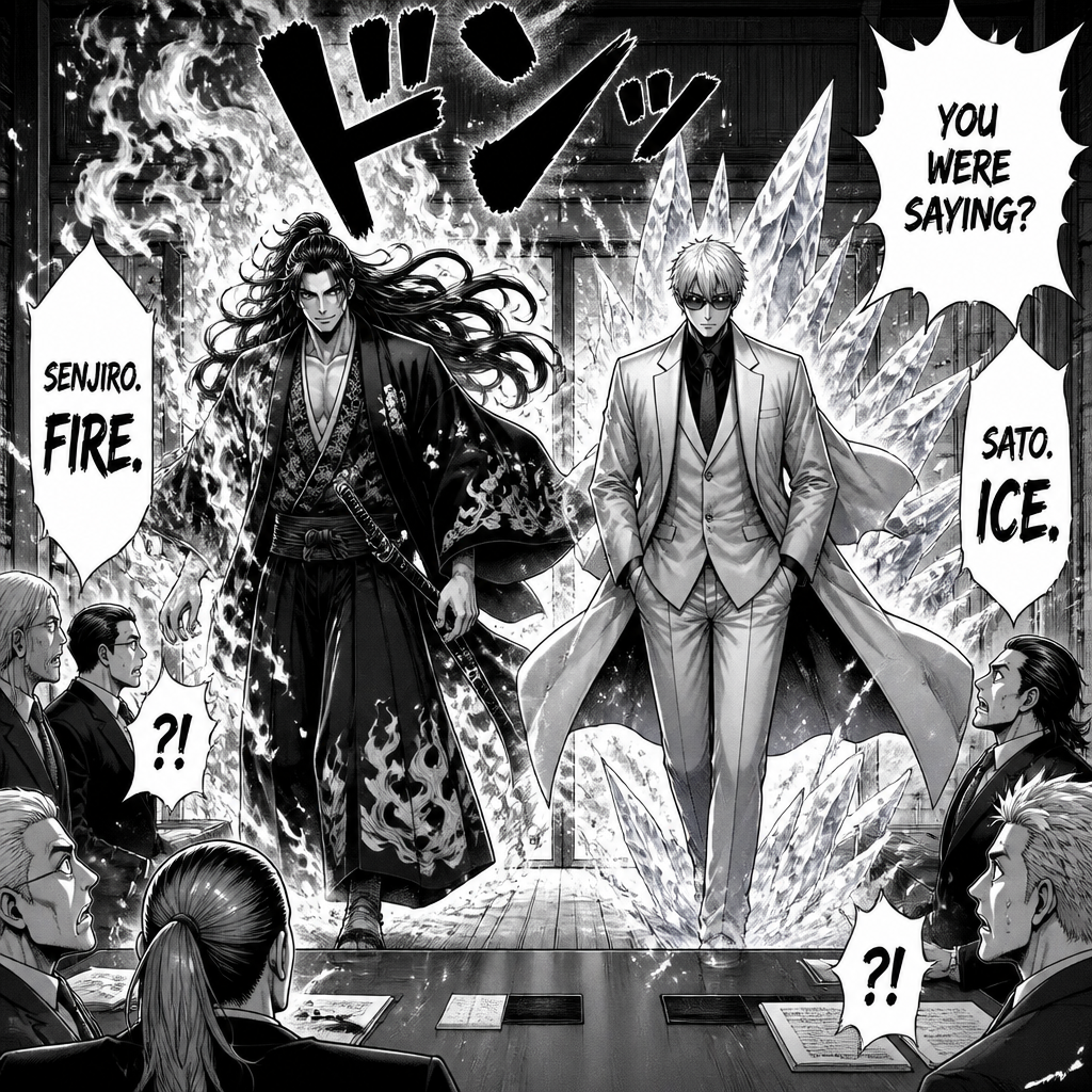 Senjiro and sato barge into the meeting with fire and ice
