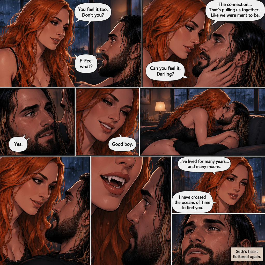 Part 2.The setting is still at Seth Rollins’s house,It’s still raining outside.”You feel it too,Don’t you” Asked Becky Lynch. “F-Feel what?” Asked Seth Rollins nervously.Becky gets closer to Seth. “The connection…That’s pulling us together…Like we were ment to be” Becky said softly.Seth’s heart fluttered.Becky can hear it,She gently puts her hand on his cheek and leaned towards him. “Can you feel it,Darling?” Becky Asked Softly.Something about her voice made Seth unable to resist her. “Yes” Seth whispers. “Good boy” Becky whispers.Their lips connect softly,Becky gently pushes Seth on his back on the couch while they kiss.They eventually pull away and look at each other.Becky smiles gently at him,That’s when….Seth Notices vampire fangs in her teeth,He was bewildered…But not scared. “I’ve lived for many years…and many moons” Becky said softly. “I have crossed the oceans of Time to find you” Becky said softly.Seth’s heart fluttered again