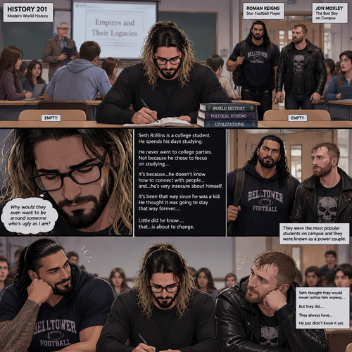 Seth Rollins is a college student. He spends his days studying,He never went to college parties. Not because he chose to focus on studying….it’s because…he doesn’t know how to connect with people…and…he’s very insecure about himself. It’s been that way since he was a kid. He thought it was going to stay that way forever….little did he know….that…is about to change. One day he was at a history class,Then two late students arrived. Roman Reigns (The college football player) and Jon Moxley (The bad boy on campus). They were the most popular students on campus and they were known as a power couple. Seth thought about approaching them at one point….but his insecurity got the best of him. “Why would they even want to be around someone who’s ugly as I am?” Seth thought to himself. He focused on the history lesson. He thought they would never notice him anyway….but they did….they always have…he just didn’t know it yet. There were two empty desks on each sides of Seth
