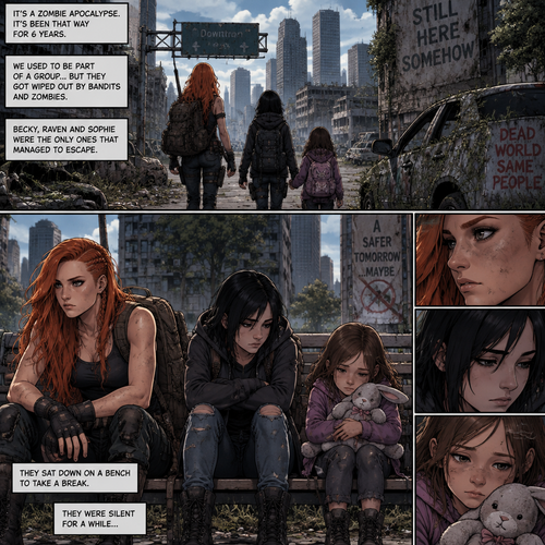 It’s a zombie apocalypse,It’s been that way for 6 years,Becky lynch is surviving with two people,A teenager named Raven and a little girl named Sophie. They used to be part of a group…but they got wiped out by Bandits and Zombies,Becky,Raven and Sophie were the only ones that managed to escape. They’re currently walking in the city. They sat down on a bench to take a break. They were silent for a while