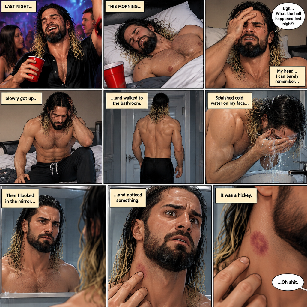 Seth Rollins was asleep after a party last night. Seth slowly woke up hungover,He can barely remember what happened at the party. He slowly got up,then he slowly walked to the bathroom. He splashed cold water in his face,Then he looked in the mirror…then…he noticed something on his neck,It was a hickey