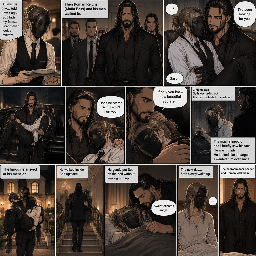 (Recap) Seth Rollins is a waiter at a restaurant,He’s wearing a mask that covers his face because all his life he was told he was ugly and he believed them,He’s also was even too afraid to look at mirrors,Then Roman Reigns (Mafia Boss) and his men walked in,Seth was nervous but walked over here,Roman wrapped his arm around Seth’s waist and pulled him onto his lap,Seth gasped softly,Roman stated that he’s been looking for him,He got up with Seth in his arms and walked to his limousine,He put Seth on the seat,Then he got in and sat beside him,The driver drove away,Roman Wrapped his arm around Seth,”Don’t be scared Seth,I won’t hurt you” Roman Said softly. Seth slowly relaxed,Roman gently rubbed Seth’s back,Seth fell asleep,Roman gently traced the mask on Seth’s face,”If only you knew how beautiful you are” Roman said Softly,3 nights ago Seth was taking out the trash outside his apartment,Roman happened to walk by without Seth noticing,The mask somehow slipped off Seth’s face,He panicked and picked it up and put it back on,Roman briefly saw Seth’s face,He didn’t see an ugly person,he saw someone who looked like an angel,He wanted him ever since. (And now part 4). Roman’s limousine arrived at his mansion. He got out while holding the sleeping Seth in his arms. He walked inside,Once he got inside he walked upstairs. He walked down the hall to his bedroom. He got in his bedroom,Then he gently put Seth on the bed without waking him up,Then he put a blanket over him. He gently kissed Seth’s forehead. “Sweet dreams angel” Roman said softly. The next day,Seth slowly woke up. He slowly sat up,Then he looked at his surroundings. The bedroom door opened and Roman walked in