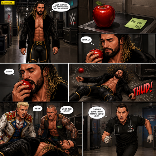 Seth Rollins was walking back stage minding his own business,Then he saw a red apple.He took a bite of it…Then suddenly fell to the ground unconscious.Cody Rhodes and Randy Orton saw what happened and rushed Over to him.A nearby doctor heard the commotion and ran over