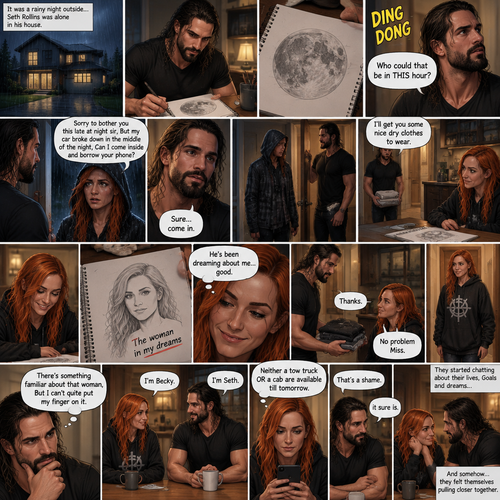 It was a rainy night outside,Seth Rollins was alone in his house,He drawing a picture of the moon on his notebook.Then the doorbell rang. “Who could that be in THIS hour?” Seth  asked himself. He got up and opened the door,A young Irish woman (Becky Lynch) was standing outside on his porch soaking wet from the rain wearing a hood. “Sorry to bother you this late at night sir,But my car broke down in the middle of the night,Can I come inside and borrow your phone?” Asked the woman.Seth looked at the woman,There was this…aura about her that he couldn’t quite explain.He decided to let her in. “Sure..come in” said Seth.The woman walked in and Seth shut the door.He walked out to his bedroom to get the woman some nice dry clothes to wear,The woman was waiting in the kitchen,She noticed the drawing on the table.She smiled.Seth came back and handed her the clothes. “Thanks” said the Woman. “No problem Miss” Said Seth.The woman went to the bathroom to change. “There’s something familiar about that woman,But I can’t quite put my finger on it” Seth said to himself.After a while she came out wearing the clothes.She sat down at the table with him.”I’m Becky” Said Becky. “I’m Seth” Said Seth.There was something between them,Pulling them together.”I’ll uh…go get you the phone” Seth said nervously .He gets up to get the phone from the living room.Becky looked at his other drawings while she waited,Then…She spotted a drawing of a young woman.The drawing was called “The woman in my dreams”.That woman….was Becky herself.She simply smiled to herself. “He’s been dreaming about me….good” Becky said to herself.Seth came back with the phone in his hand,He handed it to her.Becky used the phone to call a tow truck company and then a cab.After awhile she hung up the phone with a disappointed look on her face. “Neither a tow truck OR a cab are available till tomorrow” Said Becky.Seth had a sympathetic look on his face. “That’s a shame” Said Seth. “it sure is” Said Becky.They started chatting about their lives,Goals and dreams.Becky got a bit closer to Seth