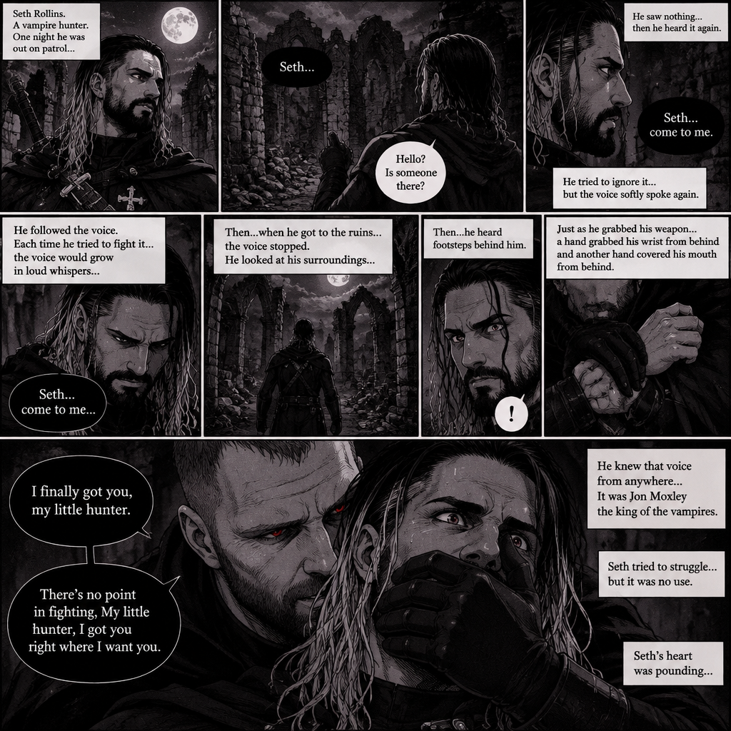 Seth Rollins is a vampire hunter,One night he was out on patrol…then….he heard someone…softly call out his name. “Hello?,Is someone there?” Seth called out. He saw nothing….then he heard it again,He tried to ignore it…but the voice softly spoke again “Seth…come to me”. He couldn’t ignore it anymore,he followed the voice. Each time he tried to fight it…the voice would grow in loud whispers,Then….when he got to the ruins…the voice stopped. He looked at his surroundings,Then…he heard footsteps behind him. Just as he grabbed his weapon…a hand grabbed his wrist from behind and another hand covered his mouth from behind. The voice whispered in his ear “I finally got you,my little hunter”. He knew that voice from anywhere….It was Jon Moxley the king of the vampires. Seth tried to struggle…but it was no use. “There’s no point in fighting,My little hunter,I got you right where I want you” Jon whispered in Seth’s ear. Seth’s heart was pounding