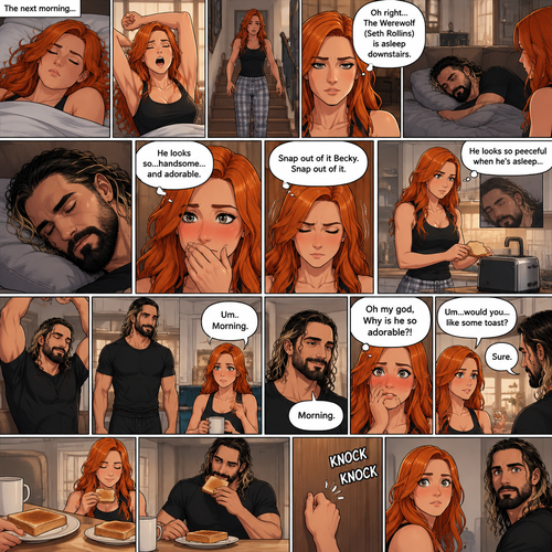 (Part 3 of the werewolf x human story) The next morning,Becky Lynch was asleep in her bed. Then she woke up. She got up and stretched her arms. She walked downstairs…then she remembered that the Werewolf (Seth Rollins) was asleep downstairs. She checked in on him. He was still asleep…and he wasn’t in his werewolf form anymore. She couldn’t help but look at him…and blush. “He looks so…handsome…and adorable” Becky said to herself. Then she shook her head. “Snap out of it Becky,Snap out of it” Becky said to herself. She quietly walked to the kitchen and made herself some toast. She couldn’t help but think about how peaceful he looked when he’s asleep. Meanwhile,The man woke up. He slowly gets up and stretched his arms,Then he walks to the kitchen. Becky notices him. “Um..Morning” Said Becky. The man Smiled softly. “Morning” The man said softly. “Oh my god,Why is he so adorable?!” Becky thought to herself. “Um…would you…like some toast?” Becky asked. “Sure” said the man. Becky makes some toast. They ate. Then there was a knock on the door
