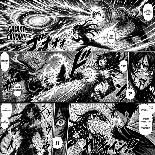 She dodges the galaxy canon, but senjiro hits her with a flaming kick so she takes it through the chest, but generates straight after but sato takes that chance to land a ice punch to the face