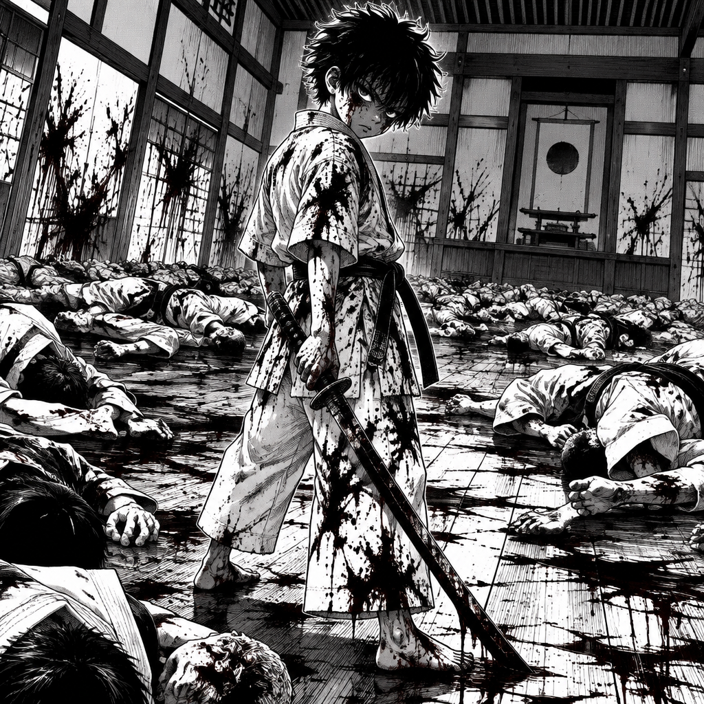 Kid boy slaughtered his whole dojo remove words