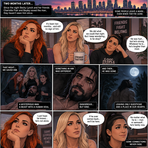 (Part 2 of the Werewolf X human story). It’s been two months since the night Becky Lynch and Her friends Charlotte Flair and Bayley saved the Man (Seth Rollins). They haven’t seen him since