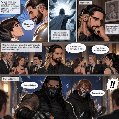 (Part 1 of an Ambrolleigns story) Seth Rollins is the son of a famous superhero. When he was 15 years old his sad sacrificed himself to save the world,the last this his dad said to him was “I love you son”. As an adult he still thinks about his dad. One day He was attending a dinner party with his coworkers and his father’s old friends and their offsprings,Then suddenly….Two masked villains (Roman Reigns and Dean Ambrose) bursts in