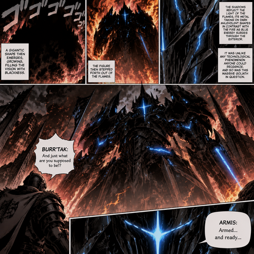 A gigantic shape then emerges, growing, filling the vision with blackness. The figure then stepped forth out of the flames. The shadows reflect the light of the flames, its metal, taking on dark malevolent shapes in contrast with the fire as blue energy surges through the exterior. It was unlike any technological phenomenon anyone could recognize. And so was this massive goliath in question.

BURR’TAK: And just what are you supposed to be!?

ARMIS: Armed… and ready…
