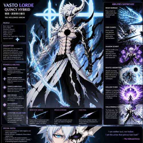 Vasto lorde  Quincy  hybrid from bleach what are the powers and weapons