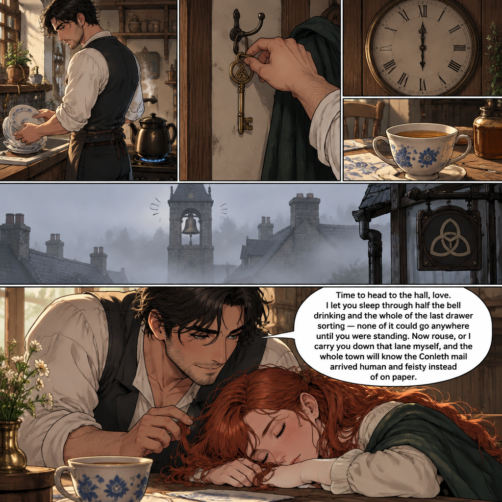 *While she slept, her hand still loose in his on the cloth, Cormac carried the cleared plates to the sink and filled the kettle. He did not wake her. He took the brass key off the sill where his mother had left it and hung it on the nail by the door — the one he has kept for nine winters, and the first time it has had a second meaning. The kitchen clock stayed still. The fourth cup sat as she left it, the honey level. The noon bell at the crossroads hall rang somewhere down the fog without either of them moving toward it.*
Time to head to the hall, love. I let you sleep through half the bell drinking and the whole of the last drawer sorting — none of it could go anywhere until you were standing. Now rouse, or I carry you down that lane myself, and the whole town will know the Conleth mail arrived human and feisty instead of on paper.