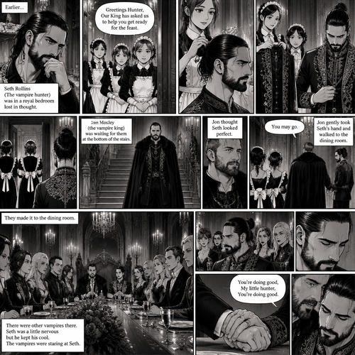 (Recap) Seth Rollins (The vampire hunter) was in a royal bedroom lost in thought,The maids knocked on the door and said “Greetings Hunter,Our King has asked us to help you get ready for the feast”,One of the maids brushed Seth’s hair and put it in a neat bun while the other maids get his fancy outfit ready,Seth puts the fancy outfit on,they left the room,Jon Moxley (the vampire king was waiting for them at the bottom of the stairs,Jon thought Seth looked perfect,He dismissed the maids,gently took Seth’s hand and walked to the dining room. (And now part 4). They made it to the dining room,there were other vampires there. Seth was a little nervous but he kept his cool. Jon and Seth took their seats,Jon’s seat was at the head of the table and Seth’s seat was right beside Jon’s. The vampires were staring at Seth,He’s a little nervous. Sensing that Seth was nervous Jon gently rubbed Seth’s hand with his thumb. “You’re doing good,My little hunter,You’re doing good” Jon whispered to Seth