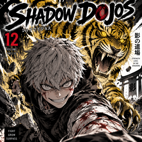 A yellow tiger behind a boy with gray hair and the boy staring into your soul with a huge grin on his face and in a battle 
For a cover and the manga is called shadow dojos and is volume 12