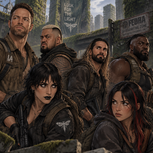 LA Knight,Solo Sikoa,Seth Rollins,Oba Femi,Rhea Ripley and Ari Stone (My wrestler oc) in The last of us