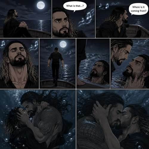 Seth Rollins was alone on a boat at night,He looked at the moon. Then….he heard…singing,he tried looking for the source. “Where is it coming from?” Seth asked himself. Then….the singing got louder,Then….Seth…strangely….started to relax…as if he was in a trance. He slowly…walked to the edge of the boat…as if the singing was telling him to. Then…something popped out of the water….it was a siren (Roman Reigns),The singing came from him. Still hypnotized by the siren song Seth learned forward. The siren gently pulled Seth underwater,He gently pulled Seth into his embrace,then…he kissed him. End of part 1.