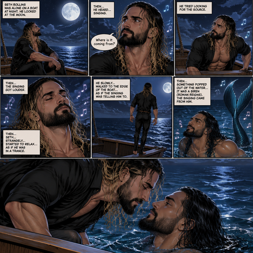 Seth Rollins was alone on a boat at night,He looked at the moon. Then….he heard…singing,he tried looking for the source. “Where is it coming from?” Seth asked himself. Then….the singing got louder,Then….Seth…strangely….started to relax…as if he was in a trance. He slowly…walked to the edge of the boat…as if the singing was telling him to. Then…something popped out of the water….it was a siren (Roman Reigns),The singing came from him. Still hypnotized by the siren song Seth learned forward