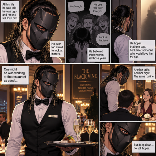 Seth Rollins is a waiter at a fancy restaurant,He’s wearing a mask that covers his face. The reason for that is heartbreaking. All his life he was told he was ugly and no one will love him. He was even too afraid to look at mirrors. He believed those words all those years. He hopes that one day…he’ll meet someone who would love him for him. One night he was working at the restaurant as usual