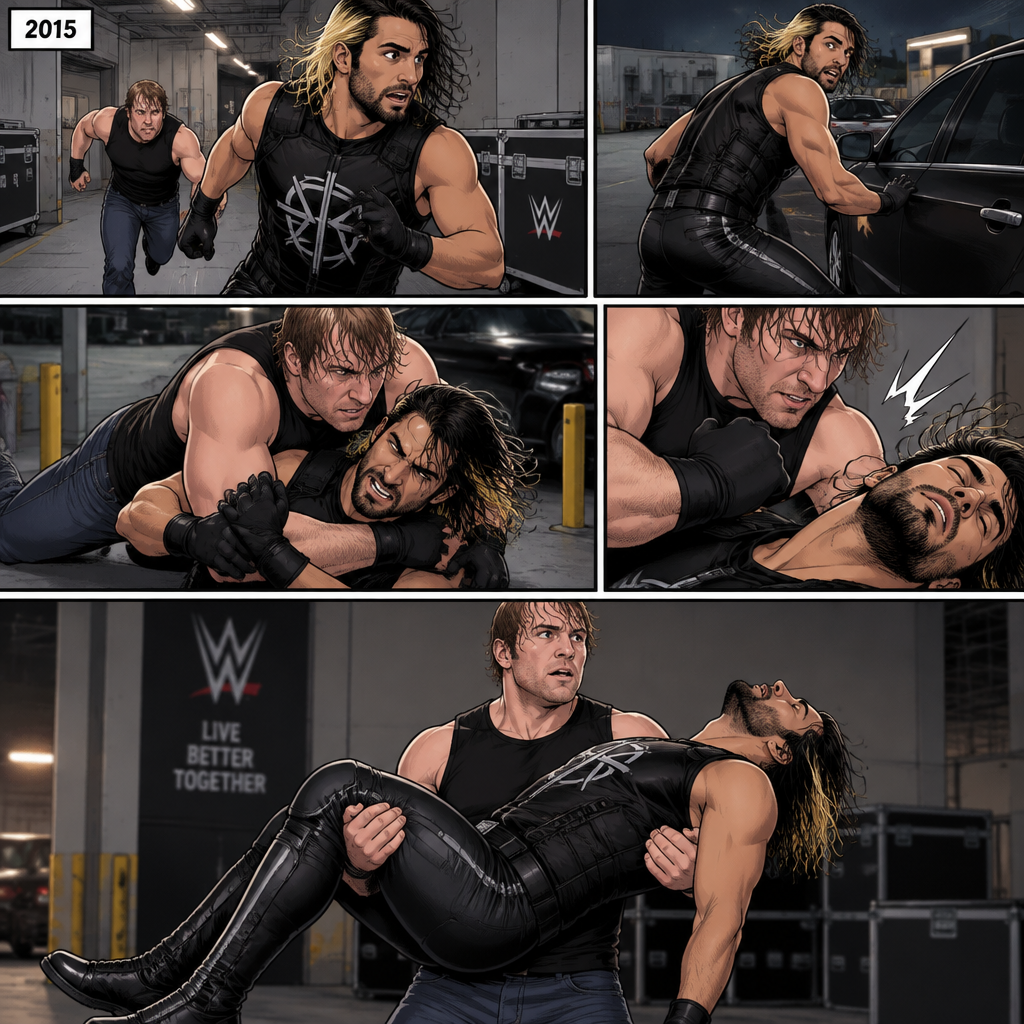 It’s the year 2015,Seth Rollins was being chased backstage by Dean Ambrose. Seth was running to his car,but before he could get there Dean tackled him. Seth struggled. Dean knocked him out. He lifted Seth in his arms