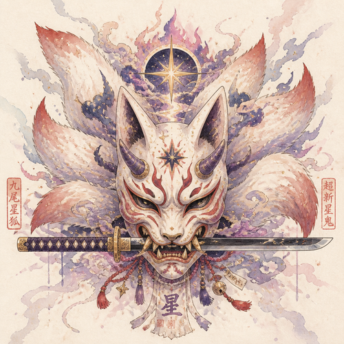 Fuse 9 tail star fox and super nova oni into a oni style mask with katana in the mouth of the mask horizontally. Full picture Only show the final product 