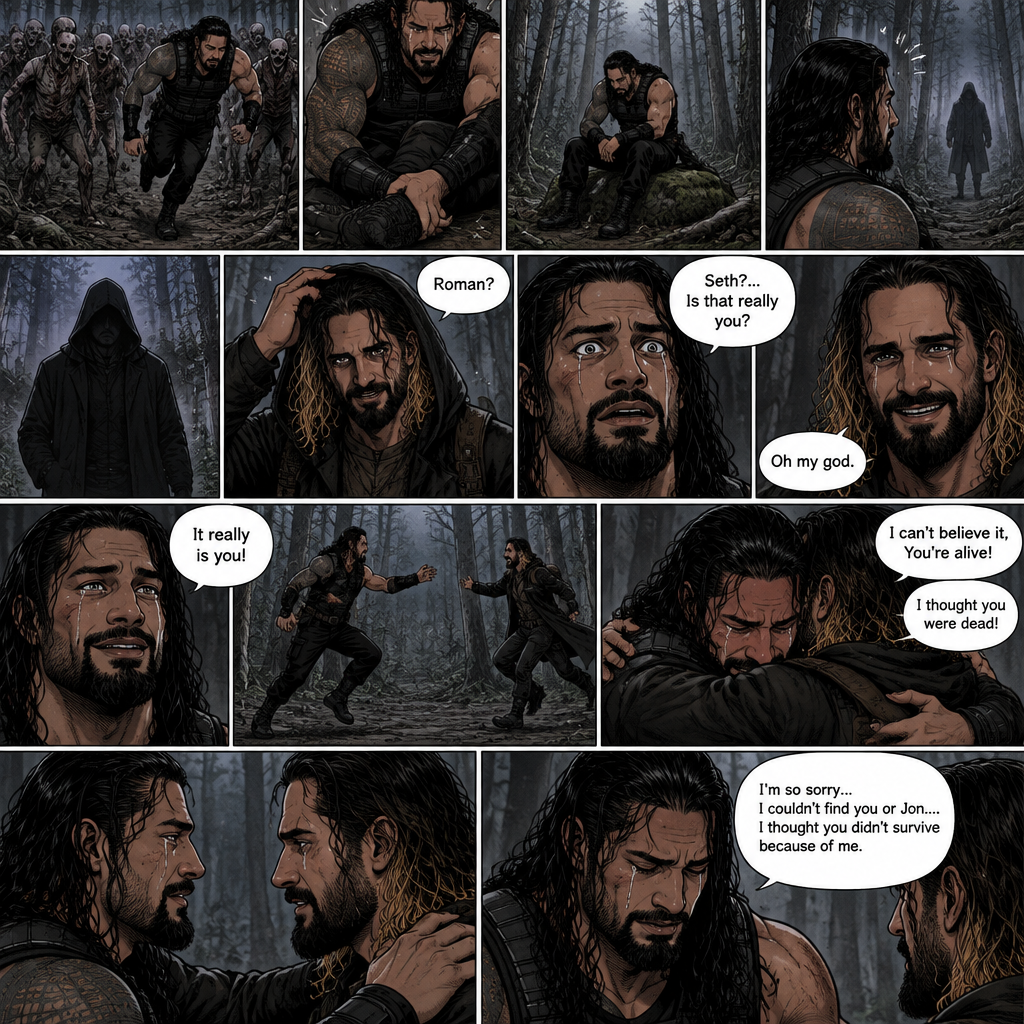 Roman Reigns is in a zombie apocalypse,He walking in the woods. He hurt his ankle while running away from a zombie horde. He’s far away from them and limping in the woods. The pain in his ankle was too much to ignore so he sat down on a rock,he sat there for a while….then….he heard distant footsteps. He looked behind him. There’s a hooded figure in the distance. He slowly stood up,he had his guard up. The hooded figure stopped walking. They were silent for a while. Then….the hooded figure took off his hood…it was….Seth Rollins. “Roman?” Said Seth. Roman’s eyes widened. “Seth?…is that really you?” Roman asked. Seth slowly smiled with joy. “Oh my god” Seth said softly. Roman slowly smiled and tears of joy welled up in his eyes. “It really is you!” Said Roman. Roman limped towards Seth while Seth runs towards Roman. They hugged each other and cried tears of joy. “I can’t believe it,You’re alive!” Seth Said through his tears. “I thought you were dead!” Roman said through his tears. After a while Roman and Seth looked at each other. “I’m so sorry…I couldn’t find you or Jon….I thought you didn’t survive because of me” said Roman