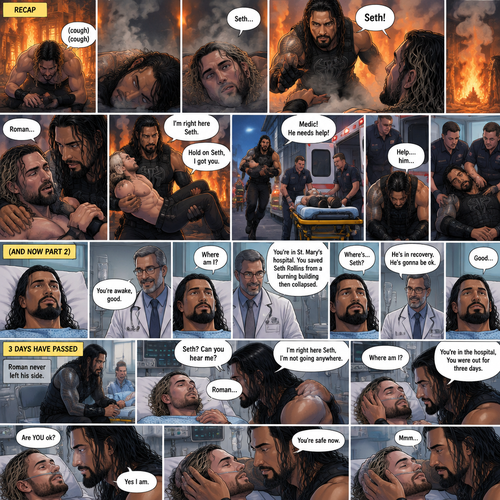 (Recap) Seth Rollins was trapped in a burning building,he couldn’t find a way out,he coughed because of the smoke,he collapsed on the ground,then he heard a familiar voice calling out his name,He opened his eyes,it was Roman Reigns,Seth weakly called out Roman’s name,Roman Rushed over to Seth,”I’m right here Seth” said Roman,he lifted Seth in his arms,”Hold on Seth,I got you” Roman said to Seth”,Roman runs towards an exit,he made it out,He runs to an ambulance with Seth in his arms,”Medic! He needs help!” Roman yelled,he puts Seth on a gurney,the paramedics wheel Seth to an ambulance,the adrenaline that Roman had wore off,”Help….him” said Roman,then….he collapsed on the ground,another team of paramedics rushed to Roman. (And now part 2). Roman woke up at the hospital. A doctor walked in. “You’re awake,good” said the doctor. “Where am I?” Roman asked. “You’re in st. Mary’s hospital,You Saved Seth Rollins from a burning building then collapsed” said the doctor. “Where’s…Seth?” Roman asked. “He’s in recovery,He’s gonna be ok” said the doctor. Roman was relieved. 3 days have passed,Seth was still unconscious at the hospital. Roman never left his side. Seth slowly woke up. “Seth? Can you hear me?” Roman asked softly. Seth spoke weakly “Roman”. Roman gently held Seth’s hand. “I’m right here Seth,I’m not going anywhere” Roman said softly. “Where am I?” Seth asked weakly. Roman gently stroked Seth’s head. “You’re in the hospital,You were out for three days” Roman said Softly. Seth looked at Roman. “Are YOU ok?” Seth asked softly. “Yes I am” Roman said Softly. Roman gently placed his hand on Seth’s cheek. Seth hummed softly and relaxed under Roman’s touch