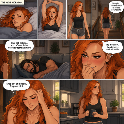 (Part 3 of the werewolf x human story) The next morning,Becky Lynch was asleep in her bed. Then she woke up. She got up and stretched her arms. She walked downstairs…then she remembered that the Werewolf (Seth Rollins) was asleep downstairs. She checked in on him. He was still asleep…and he wasn’t in his werewolf form anymore. She couldn’t help but look at him…and blush. “He looks so…handsome…and adorable” Becky said to herself. Then she shook her head. “Snap out of it Becky,Snap out of it” Becky said to herself. She quietly walked to the kitchen
