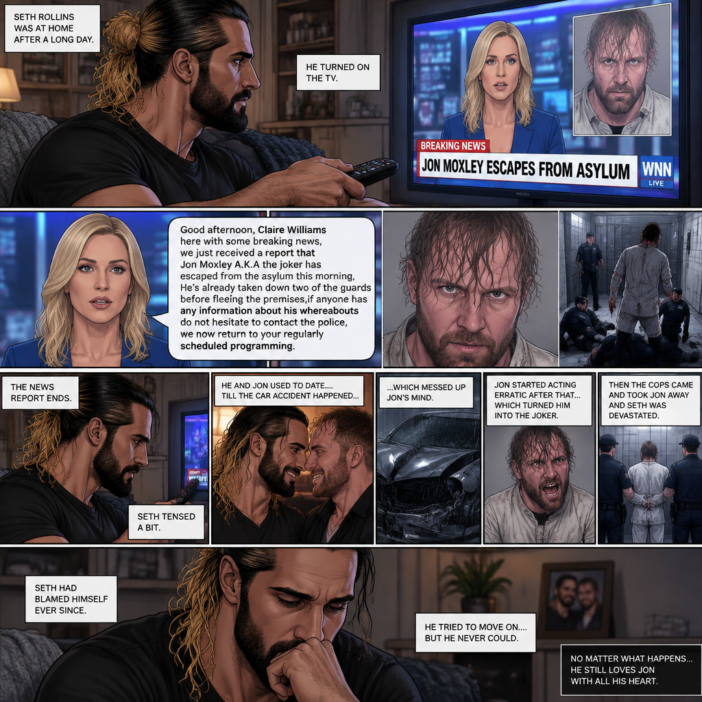 Seth Rollins was at home after a long day. He turned on the tv,A news report came on. “Good afternoon,Claire Williams here with some breaking news,we just received a report that Jon Moxley A.K.A the joker has escaped from the asylum this morning,He’s already taken down two of the guards before fleeing the premises,if anyone has any information about his whereabouts do not hesitate to contact the police,we now return to your regularly scheduled programming” said the reporter. The news report ends. Seth tensed a bit. He and Jon used to date….till the car accident happened…which messed up Jon’s mind. Jon started acting erratic after that…which turned him into the Joker. Despite all that he still loved Seth with all his heart. Then the cops came and Took Jon away and Seth was devastated. Seth had blamed himself ever since. He tried to move on….but he never could