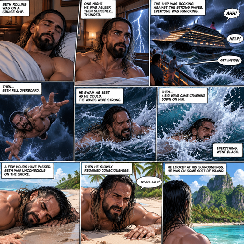 Seth Rollins is on a cruise ship,One night he was asleep,Then suddenly…thunder. He got up. The ship was rocking against the strong waves. Everyone was panicking,Then….Seth fell overboard. He swam as best as he could. The waves were strong,Then…A big wave came crashing down on him. Everything.Went.Black. A few hours have passed,Seth was unconscious on the shore,Then he slowly regained consciousness. He looked at his surroundings,He was on some sort of island