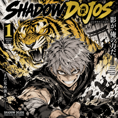 A yellow tiger behind a boy with gray hair and the boy staring into your soul with a huge grin on his face and in a battle 
For a cover and the manga is called shadow dojos 