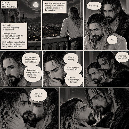 (Recap) Seth Rollins (The vampire hunter turned Bride of the Vampire king) was almost kidnapped by A mysterious figure (AJ Styles),Jon Moxley (Vampire King) Saved Seth,The man took off the hood and revealed he’s Seth’s brother,Seth was stunned. “What?” Seth asked,”I’m your brother” said Aj,Seth shook his head a little,”I don’t believe you” Said Seth,”I know this is a lot to process,but it’s true” said Aj,Jon gently pulled Seth to his side,”How do we know you’re telling the truth?” Jon asked cautiously,Aj shows his birthmark,It’s the shape of a crescent moon…just like Seth’s. Seth was stunned,All this time he thought he was the only one with that birthmark’”A-Are you really my brother?” Seth asked,”Yes Seth…I am” said Aj,”I have been searching for you…all these years” Aj paused,Tears welling up in his eyes,”And I finally found you” Aj continued,Seth didn’t know what to say,Neither did Jon,”I’ve never forgotten about you,little brother” Said Aj,Something flashed in Seth’s mind,it was a memory of himself and Aj when they were little,Aj (as a kid) had promised Seth he would never forget him,The flashback ends,Tears welled up in Seth’s eyes,Seth and Aj hugged each other,Jon just watched. (And now part 8). 3 days before the wedding,Seth and Jon were still preparing. Aj helped out. The night before Aj had told Jon and Seth that he’s a werewolf. Seth and Jon were shocked but were happy that Aj was being honest with them. Seth was on the balcony Looking at the view and Looking nervous about the wedding. Jon appeared behind him checking in on him. “Can’t sleep?” Jon asked. “No” Said Seth. Jon wrapped his arms around him. “What’s on your mind?” Jon asked. “I’m just very nervous about our wedding,Don’t get me wrong I want to marry you…It’s just….what if I mess up? What if people don’t like me?…what if…..I’m not enough….for you?” Said Seth. “Look at me my love” Jon said softly. Seth looked up at him