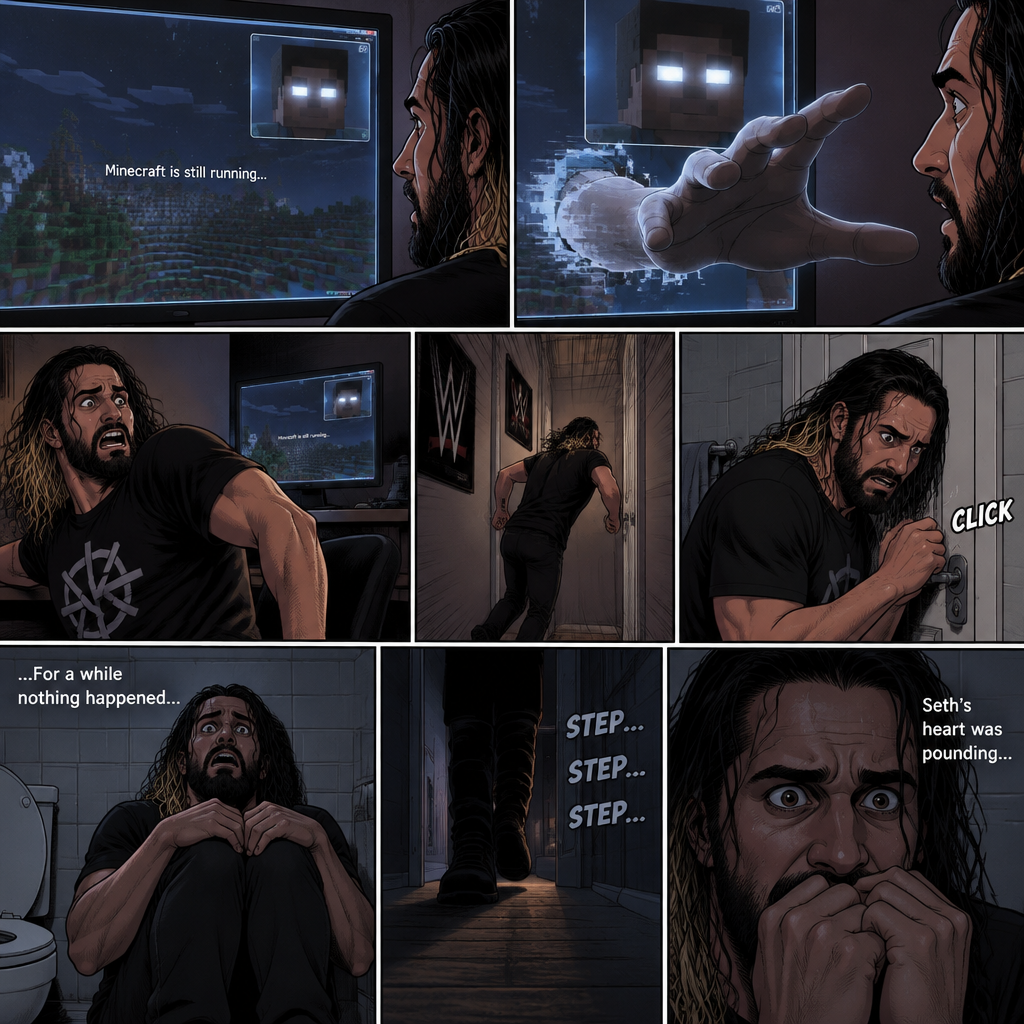 (part 2) Minecraft is still running. Herobrine still stared at Seth Rollins through the webcam. Seth was still paralyzed from fear. Herobrine put his hand on the screen…it went through. Seth ran out of the room in fear and locked himself in the bathroom. For a while nothing happened…then there were footsteps outside the door. Seth’s heart was pounding