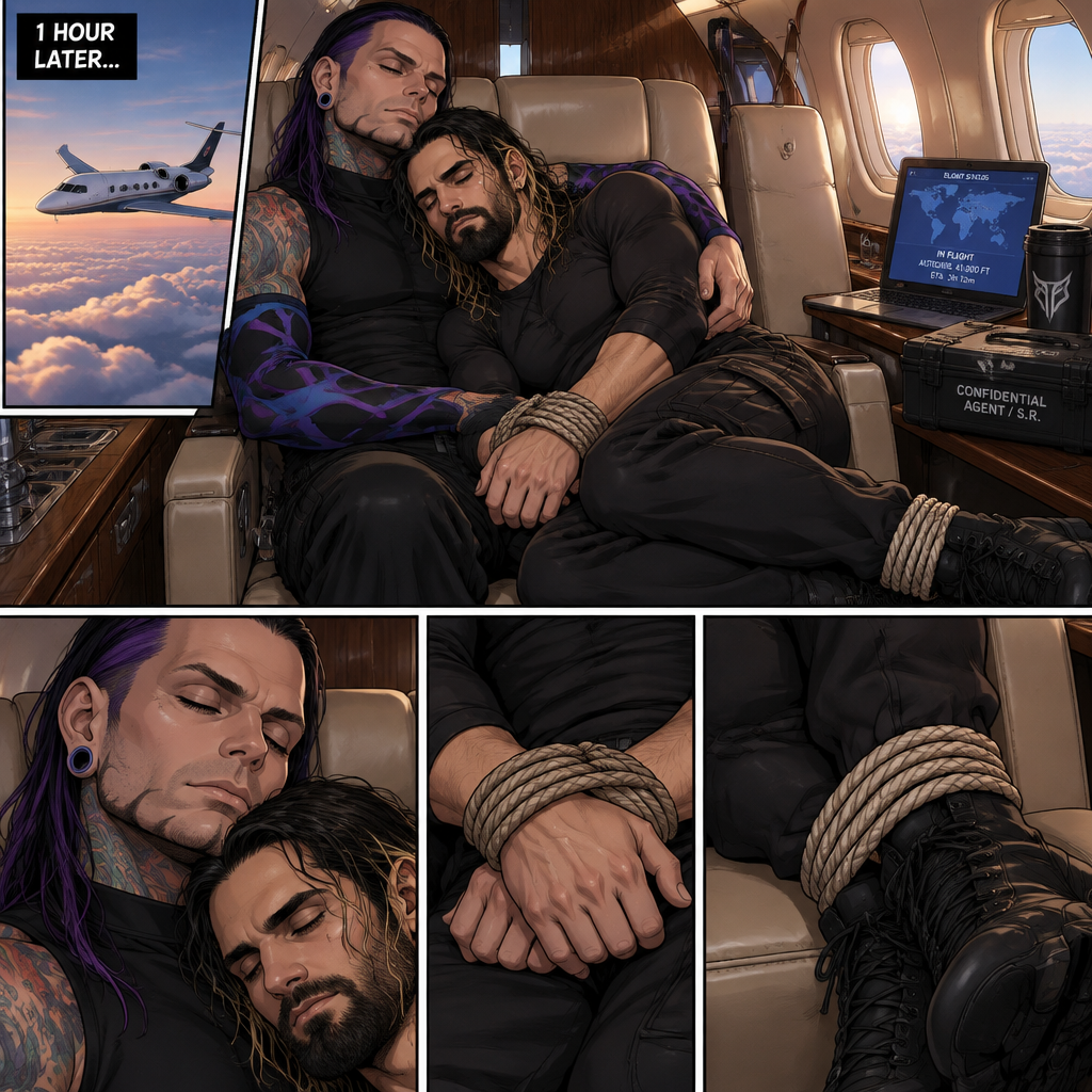 (Part 4). Still on the private plane. 1 hour had passed. The nefarious Jeff Hardy and Seth Rollins (A secret agent) were still asleep after Seth’s emotional breakdown. Seth’s wrists and ankles were still tied up and still in Jeff’s arms