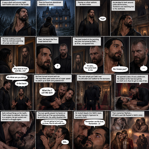 It was a dark and stormy night.Seth Rollins was lost in the woods,Then he found an abandoned mansion up ahead.Having no other options he went inside.He sighed heavily.He decided to look around,Little did he know…Someone was watching him in the darkness.He kept looking around,Then he noticed a painting of a man on the wall,He couldn’t help but notice…that the man in the painting…looked just like…him. “Why does he look just like…me?” Seth asked himself.Then…He heard the floor creak behind him,He turned around,A man (Jon Moxley) was standing right there.The man Looked at the painting and then he looked at Seth…..as if he….recognized him. “It’s you…You came back to me” The man said softly to Seth.Seth was confused. “Do I know you?” Seth asked.The man didn’t say anything else,He just simply walked slowly towards Seth.Seth got nervous and walked backwards slowly. “Wh-What are you doing?” Asked Seth. “G-Get back!” Said Seth.He then turned around and ran.The man then used some sort of super speed to catch up to Seth and grabbed him. “What the-?” Asked Seth. He struggled. “LET ME GO!!” Seth shouted.The man simply put Seth over his shoulder and walked to the staircase,Seth kept struggling…but it was no use.The man walked down the hallway,He opened a door,It was a bedroom,He walked to the bed and gently put Seth on it,then he got on top of him.The man Smiled,Seth noticed fangs on his teeth,That’s when he realized…the man…is a vampire,He got scared and started to struggle again.The man gently placed his hands on Seth’s face as if he was attempting to soothe him.He softly shushed him. “I’m not going to hurt you my love,You’re safe with me” The man said softly.He looked deeply into Seth’s eyes,He used Vampiric hypnosis to hypnotize Seth.Seth slowly relaxed under the hypnosis. “Remember me My love,Remember…us” The man whispered,Then memories flashed….Of Seth’s past life flashed in Seth’s mind