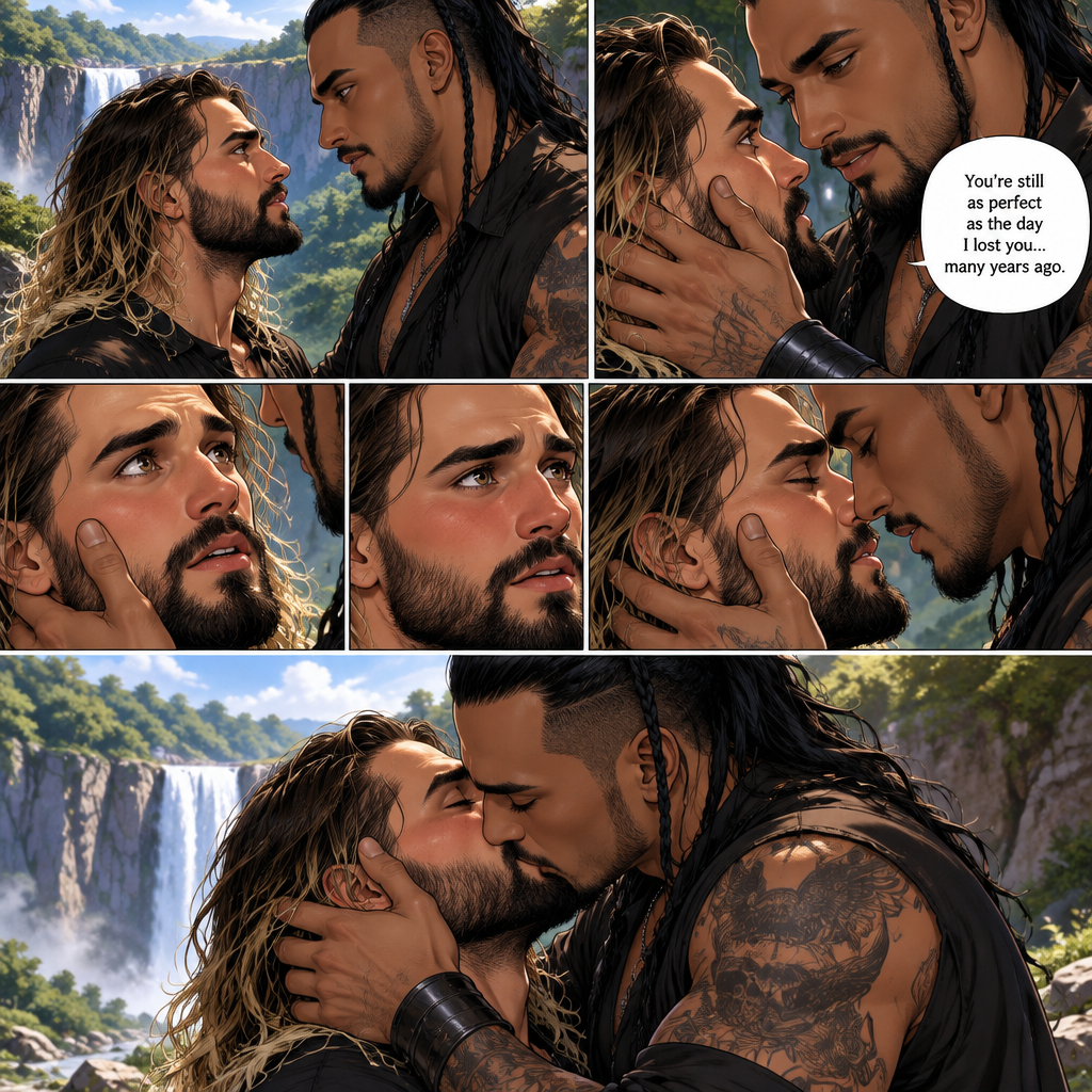 Part 4.Still at the cliff near the forest clearing with the waterfall view. Seth Rollins and the mysterious man (Damien priest) were staring into each other’s eyes. Seth wanted to punch the man and run away….but he couldn’t…he didn’t know why. The man wrapped his arm around Seth and gently pulled him closer. Seth was caught off guard. The man gently put his hand on Seth’s cheek. “You’re still as perfect as the day I lost you…many years ago” said the man. Seth had no idea what the man was talking about…but it did make his heart flutter for some reason…as if…his heart knew the man before his mind did,Then…the man gently kissed Seth